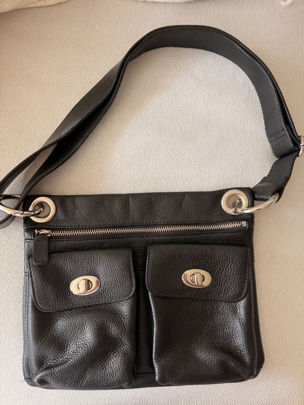 Danier Black Leather Shoulder Bag with Silver-Tone Hardware